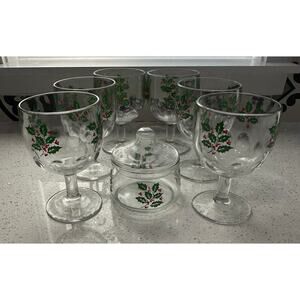 Vintage Bartlett-Collins Thumbprint Holly Pattern Goblets Set of 6 Mid Century